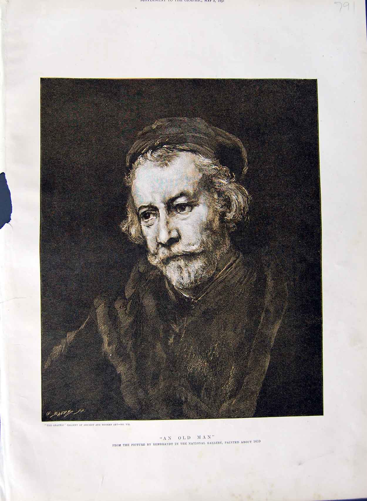 Original Old Antique Print 1891 Portrait Man Rembrandt Gallery Art Victorian
