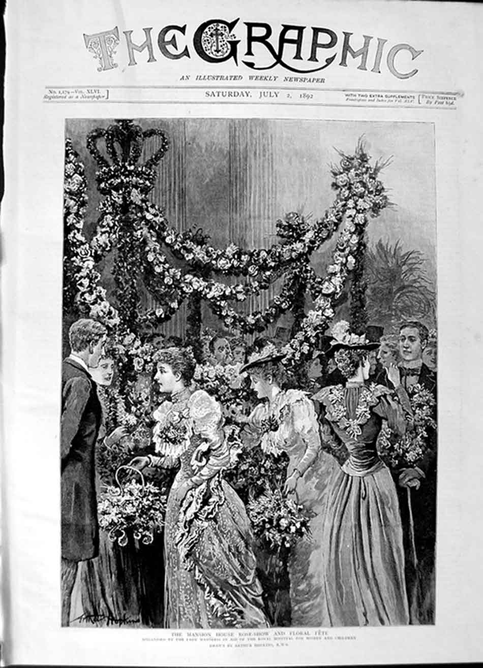 Original Old Antique Print 1892 Mansion House Rose Show Floral Fete Flowers