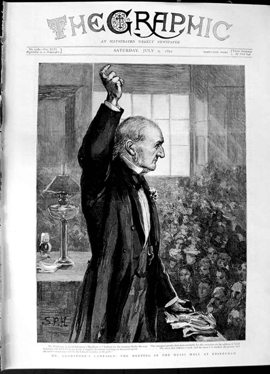 Original Old Antique Print 1892 Gladstone Meeting Music Hall Edinburgh Scotland