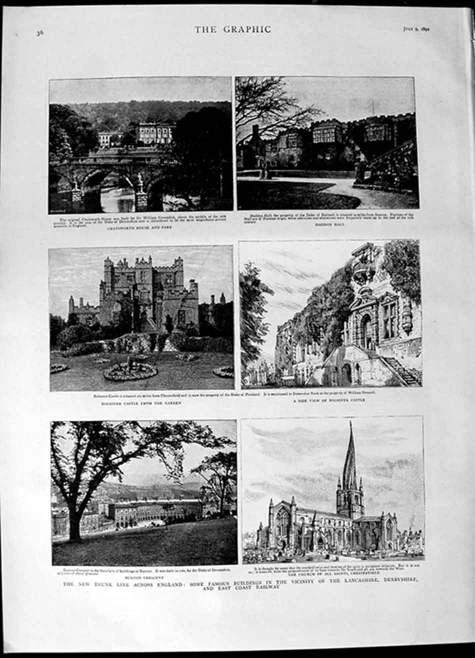 Original Old Antique Print 1892 Bolsover Castle Chatsworth Haddon Church Buxton