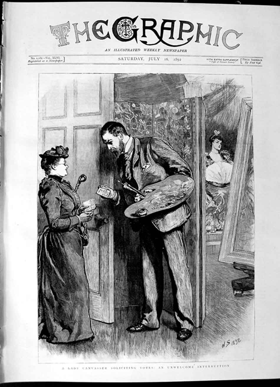 Original Old Antique Print 1892 Lady Canvasser Soliciting Votes Artist Painting