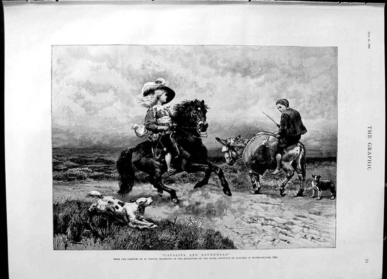 Old Antique Print 1892 Strutt Fine Art Children Cavalier Roundhead Horses 19th