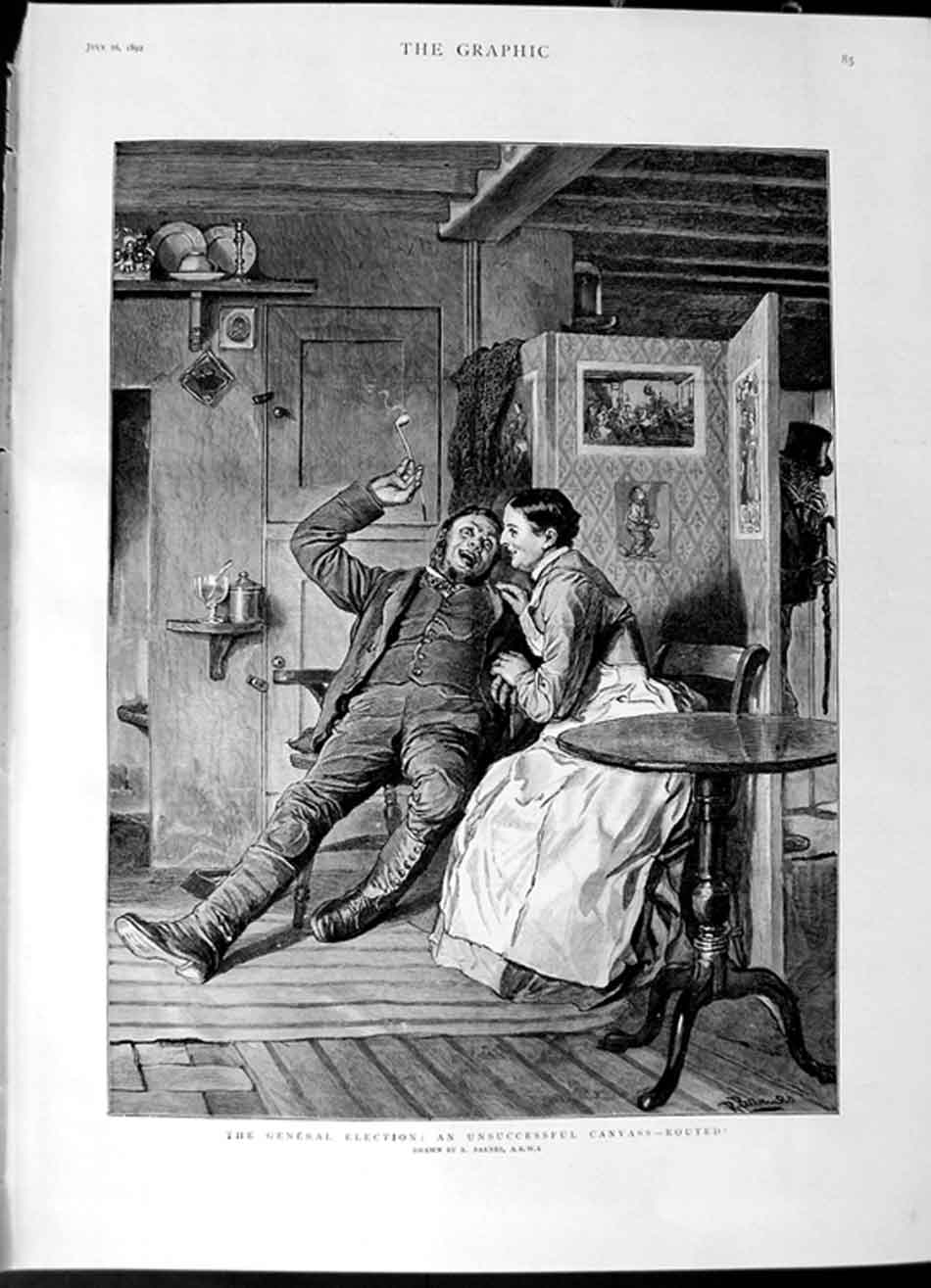 Original Old Antique Print 1892 General Election Unsuccessful Canvass Lady Man