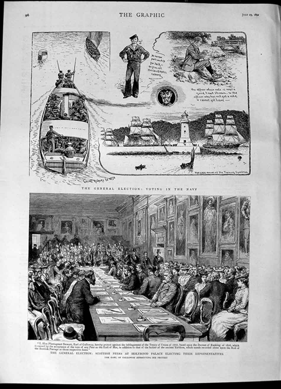 Original Old Antique Print 1892 General Election Holyrood Palace Earl Galloway