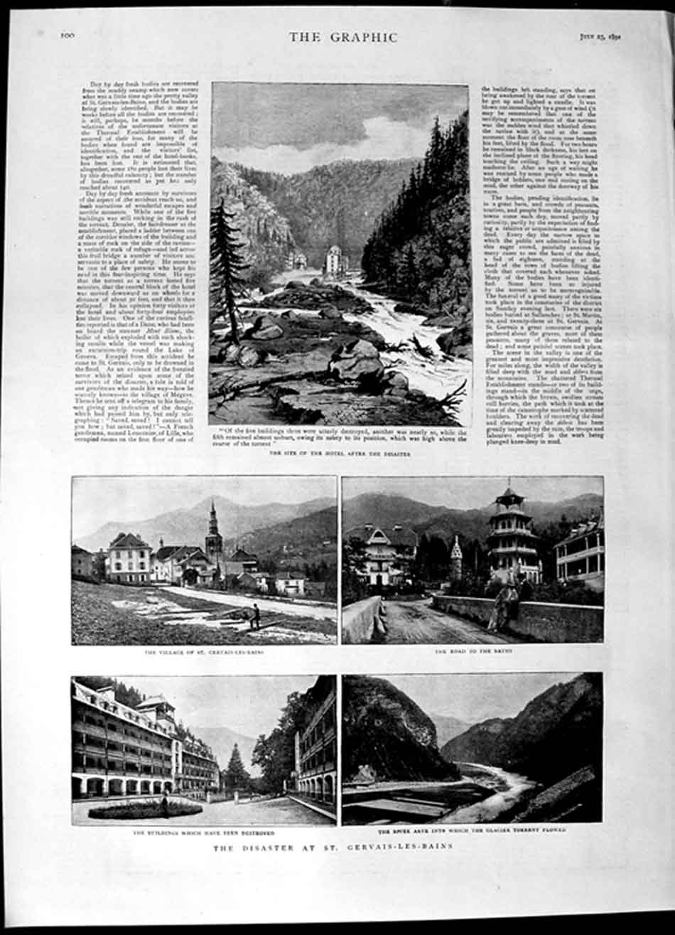 Original Old Antique Print 1892 Disaster Gervias-Les-Bains River Arve Mountains