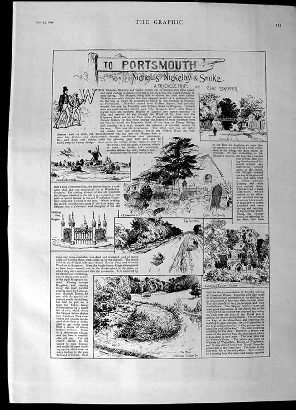 Old Antique Print 1892 Portsmouth Wolsey Tower Guildford Castle Godalming 19th