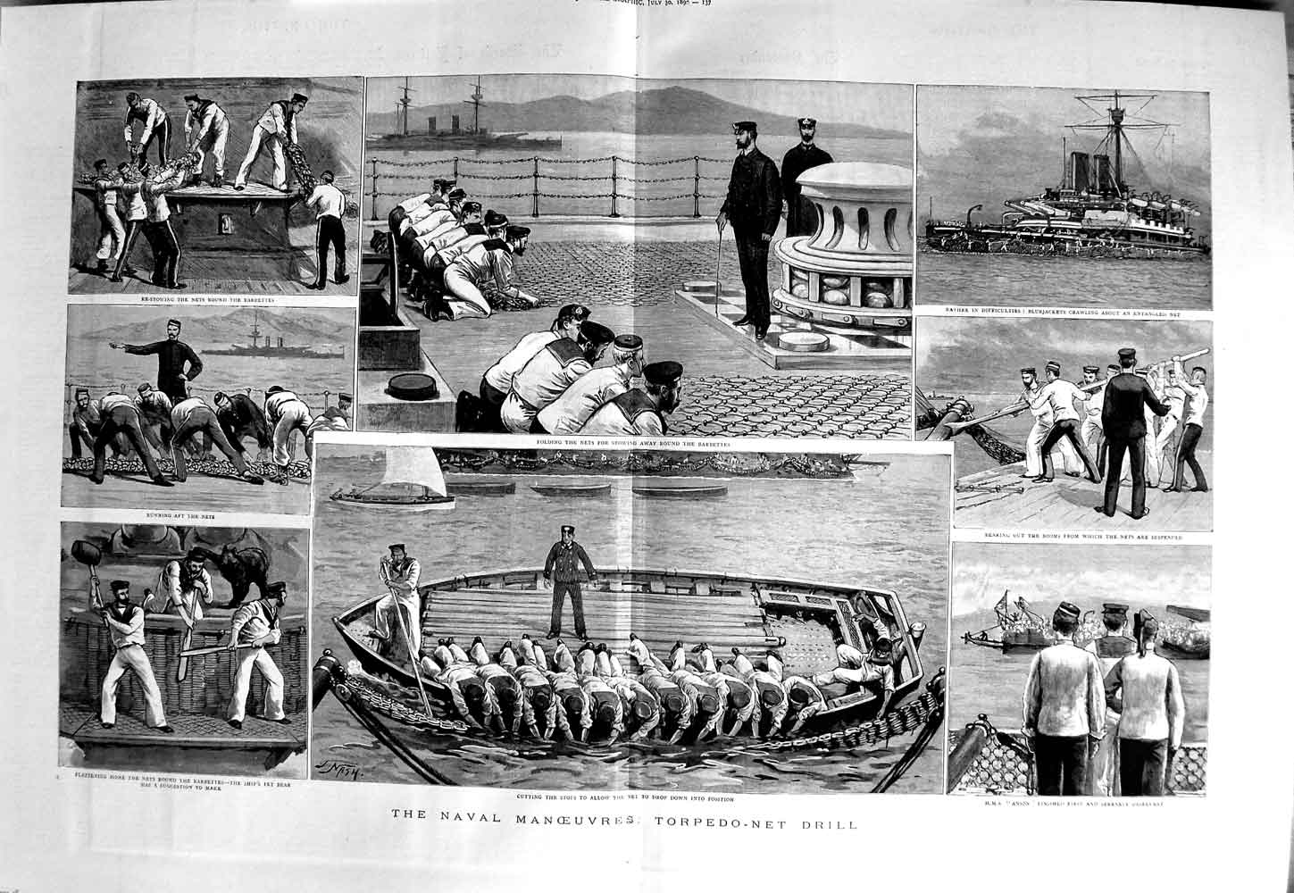 Antique Old Print 1892 Navy Manoeuvres Torpedo Net Drill Boats Anson Ship 19th