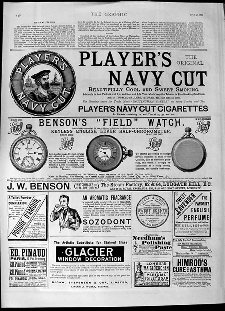 Original Old Antique Print 1892 Advertisement Ellis Ruther Table Water Sailors