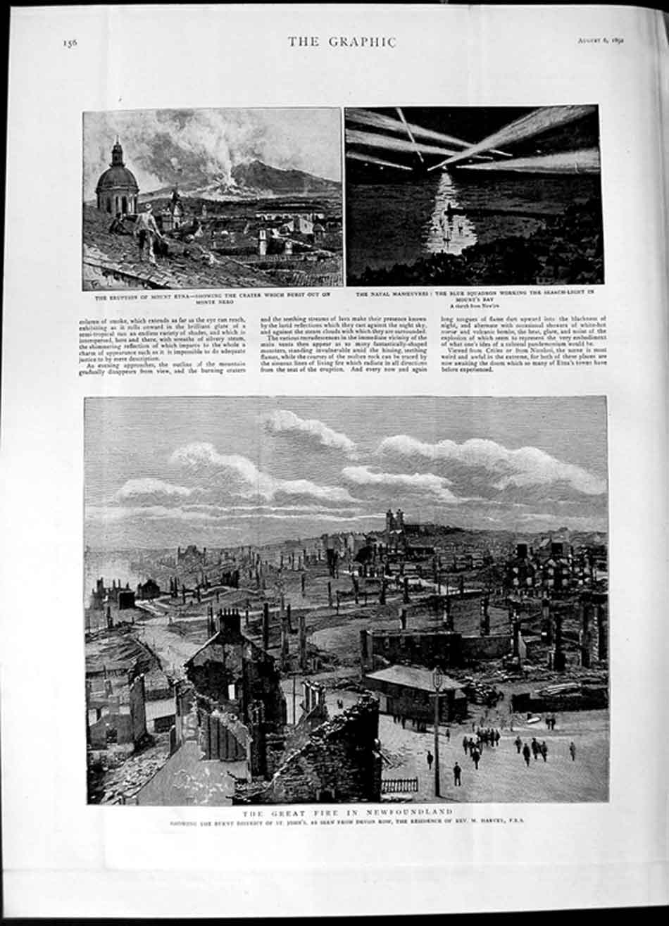 Old Antique Print 1892 Fire Newfoundland Eruption Mount Etna Blue Ships 19th