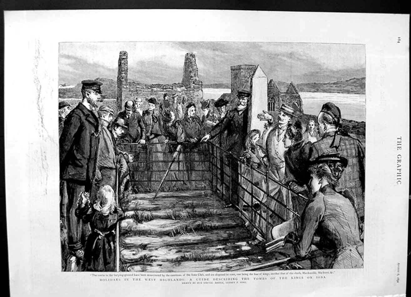 Old Antique Print 1892 Holidays Highlands Scotland Tombs Kings Iona Club 19th
