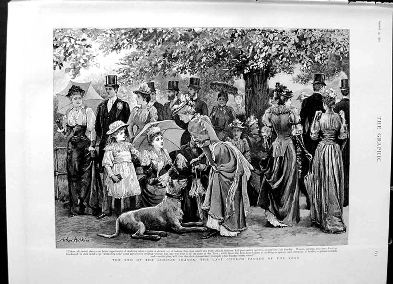 Original Old Antique Print 1892 Church Parade Ladies Men Fashion Dog Fine Art