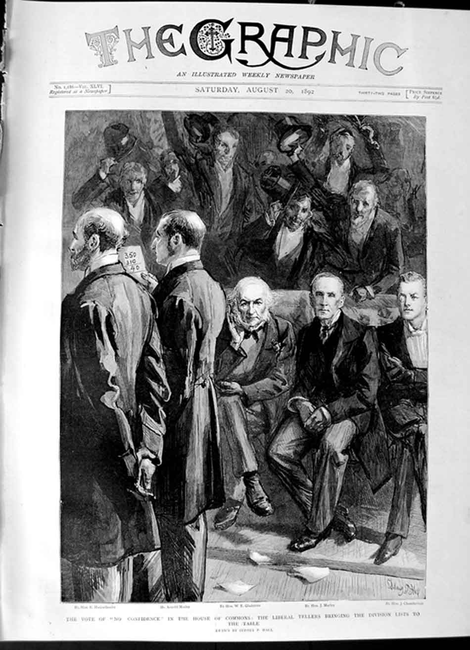 Original Old Antique Print 1892 House Commons Morley Marjoribanks Gladstone Men