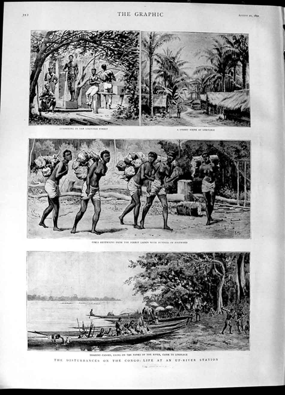 Original Old Antique Print 1892 Congo Up-River Station Canoes Lokolele Firewood