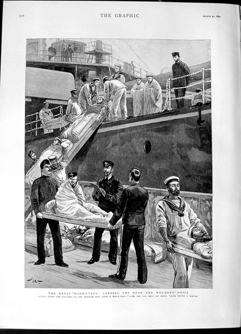 Old Antique Print 1892 Naval Manoeuvres Dead Wounded Drill Sailors Navy 19th