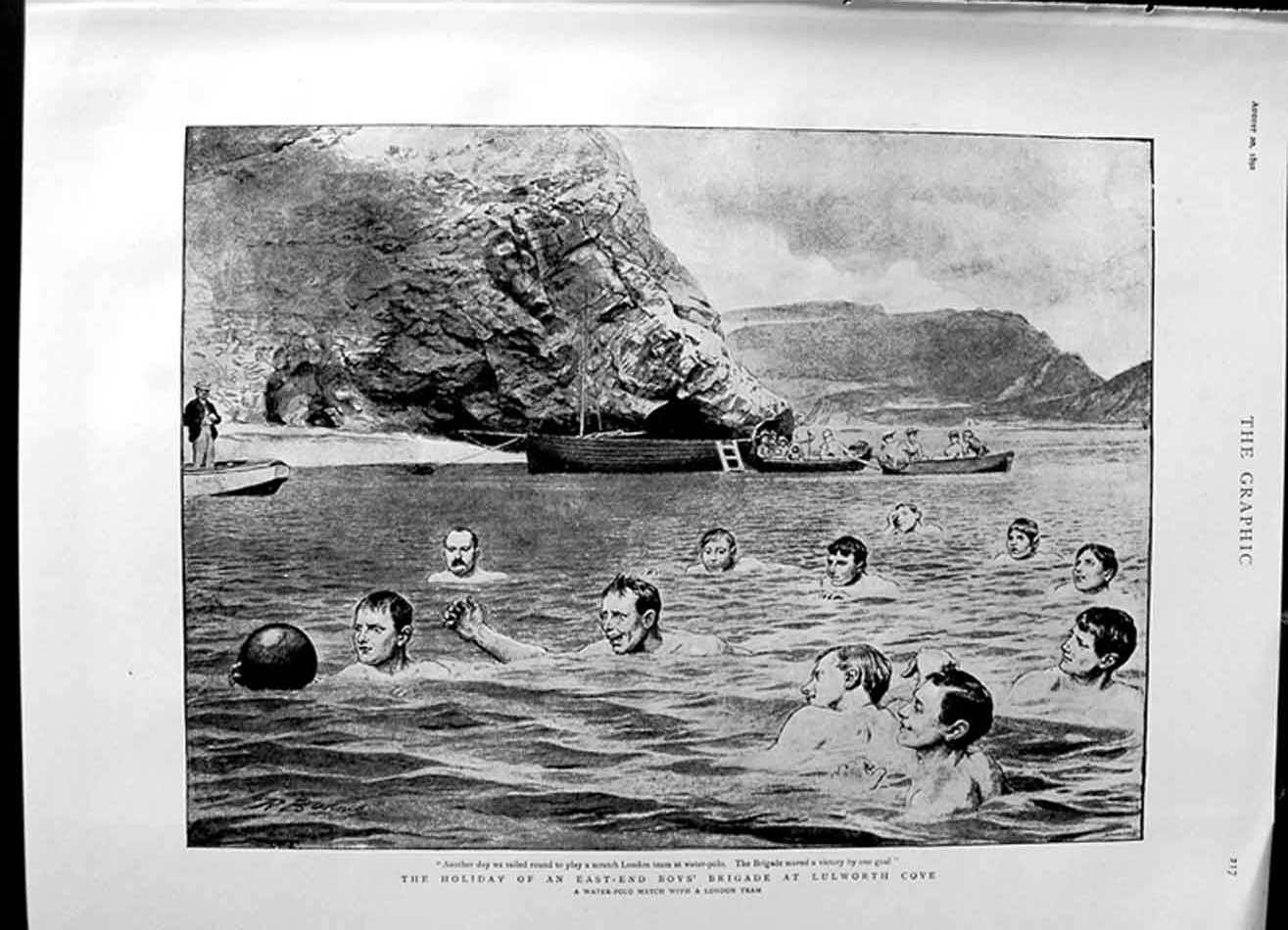 Old Antique Print 1892 Holiday East-End Boys Brigade Lulworth Cove Water 19th