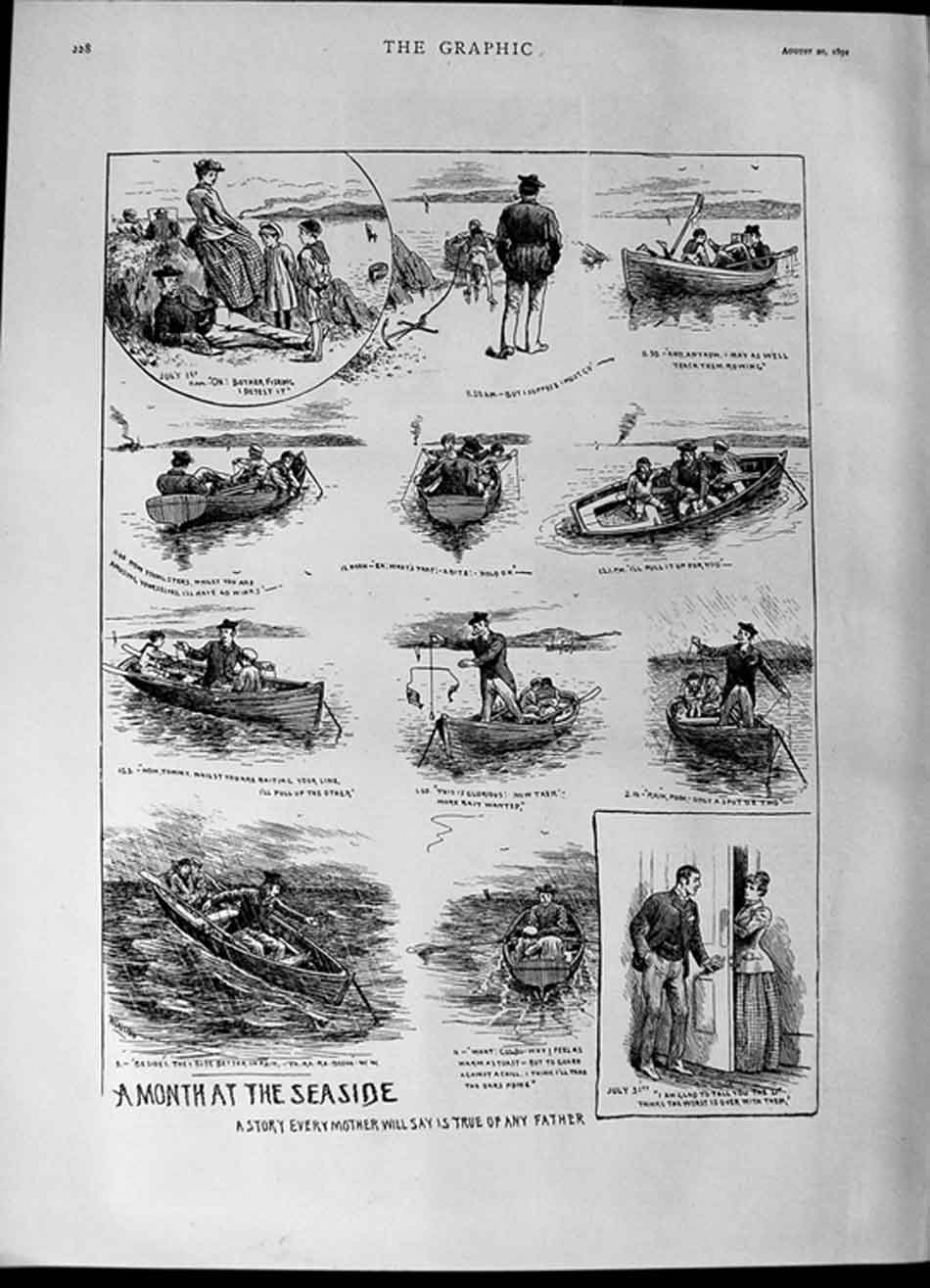 Old Antique Print 1892 Family Fishing Seaside Boat Congo Up-River Station 19th