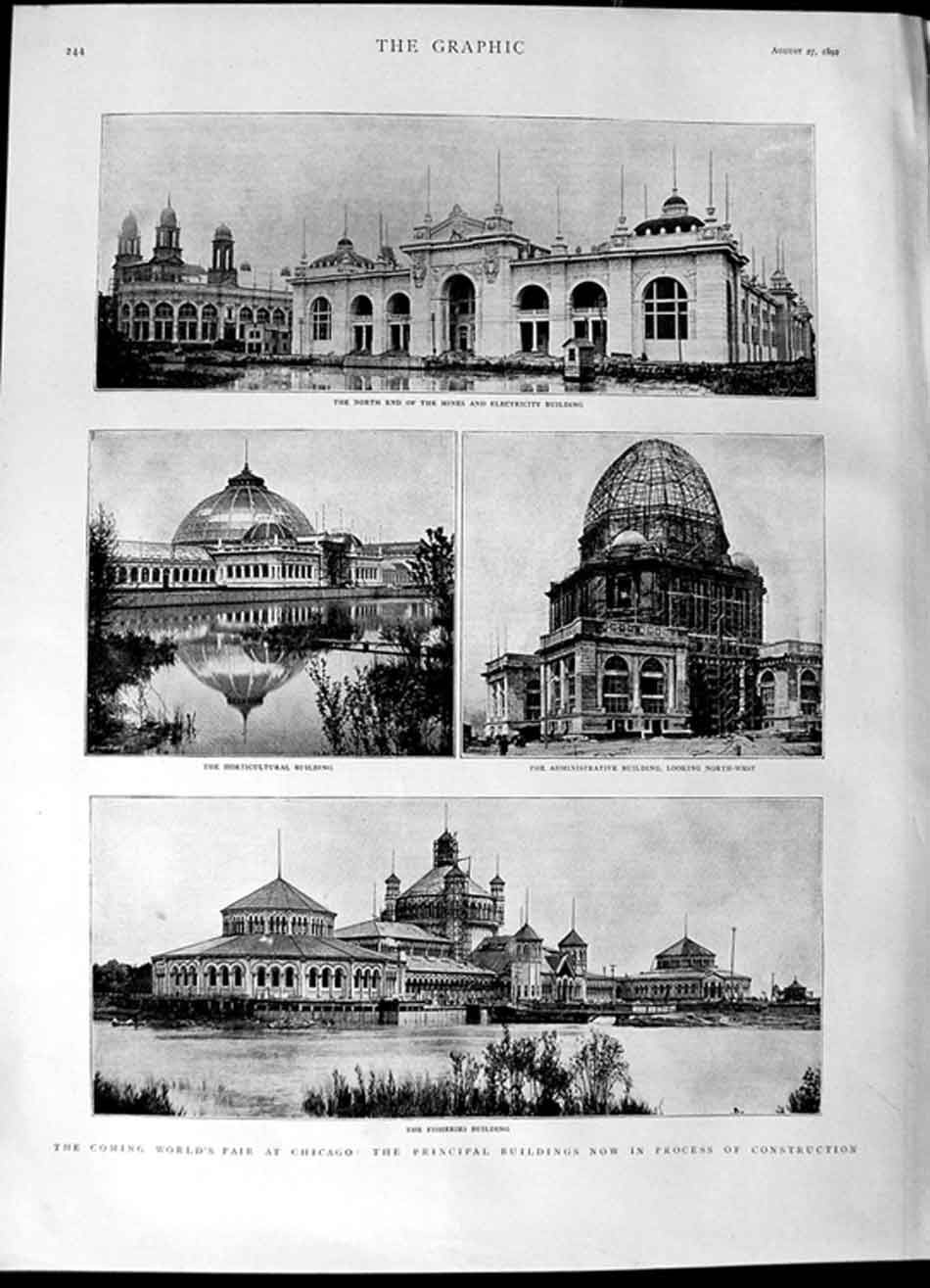 Old Antique Print 1892 World Fair Chicago Buildings Fisheries Electricity 19th
