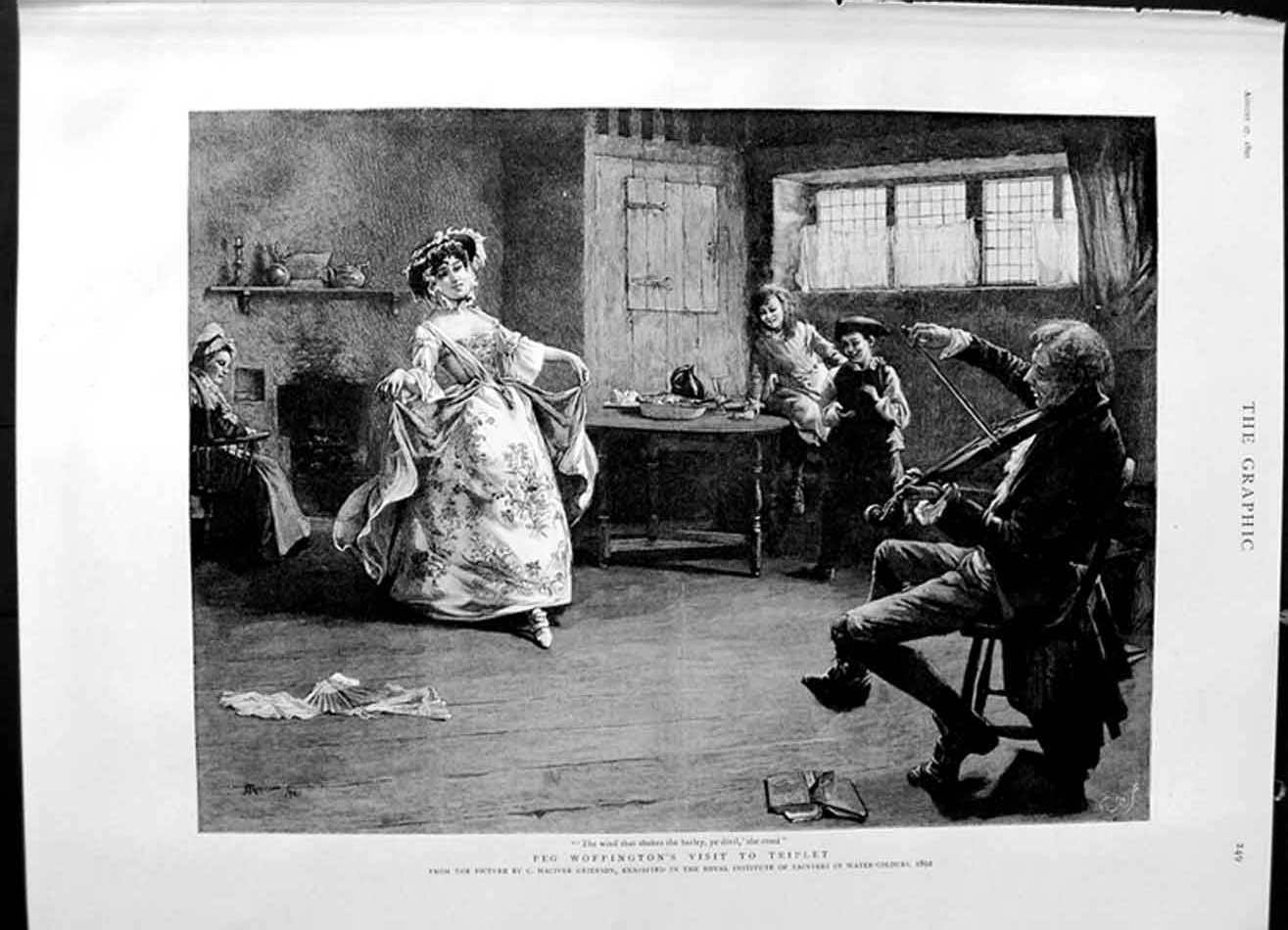 Old Antique Print 1892 Scene Peg Woffington'S Visit Triplet Music Dancing 19th