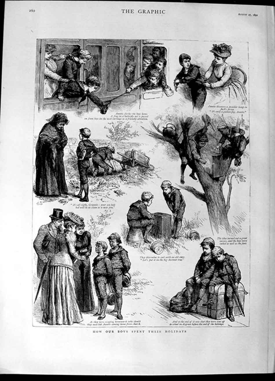 Original Old Antique Print 1892 Children Boys Holidays Train 19th