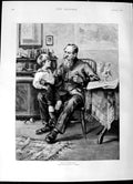 Original Old Antique Print 1892 Locking Fine Art Man War Medals Young Boy 19th