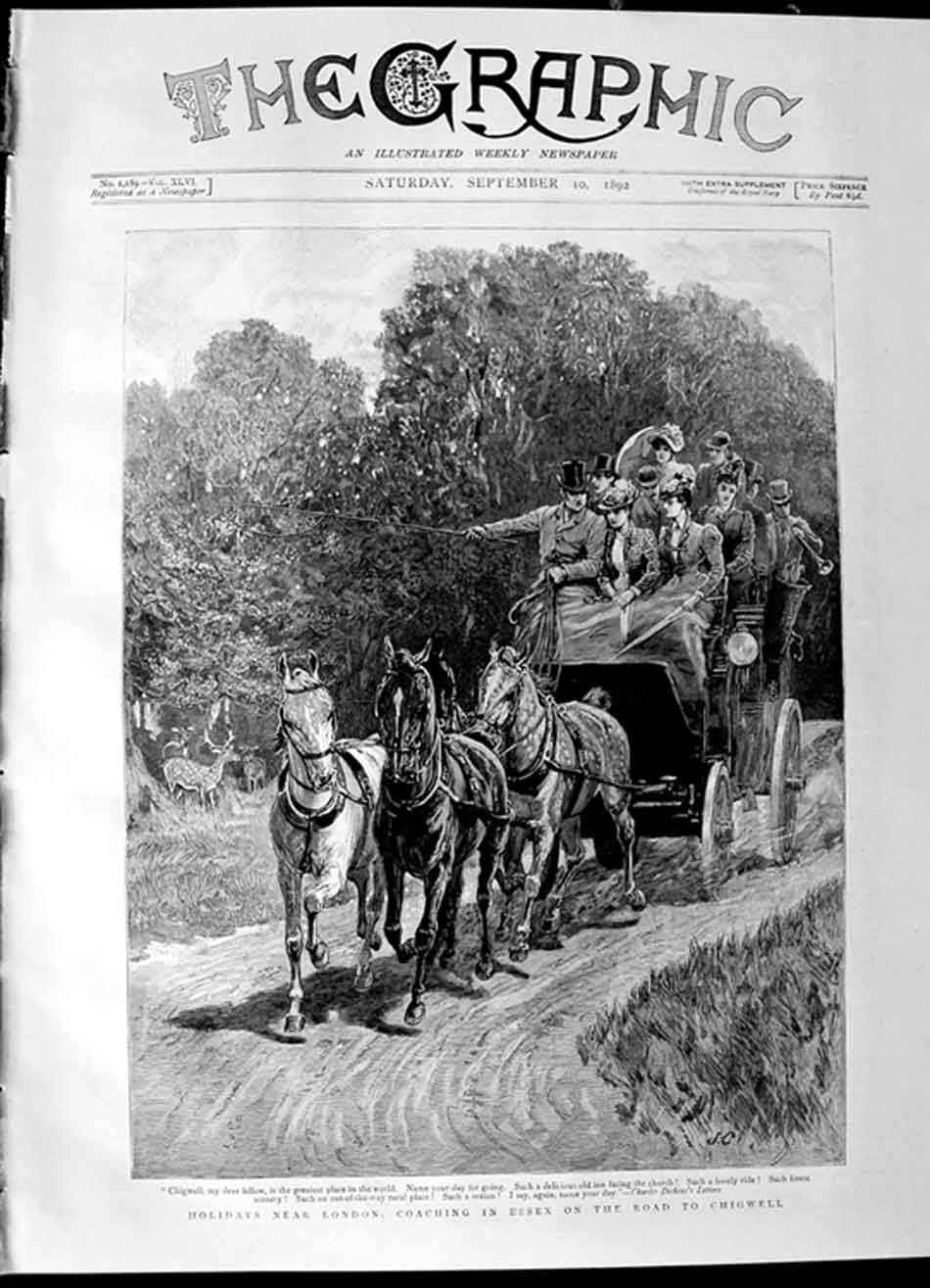 Original Old Antique Print 1892 Coaching Essex Chigwell Horses 19th