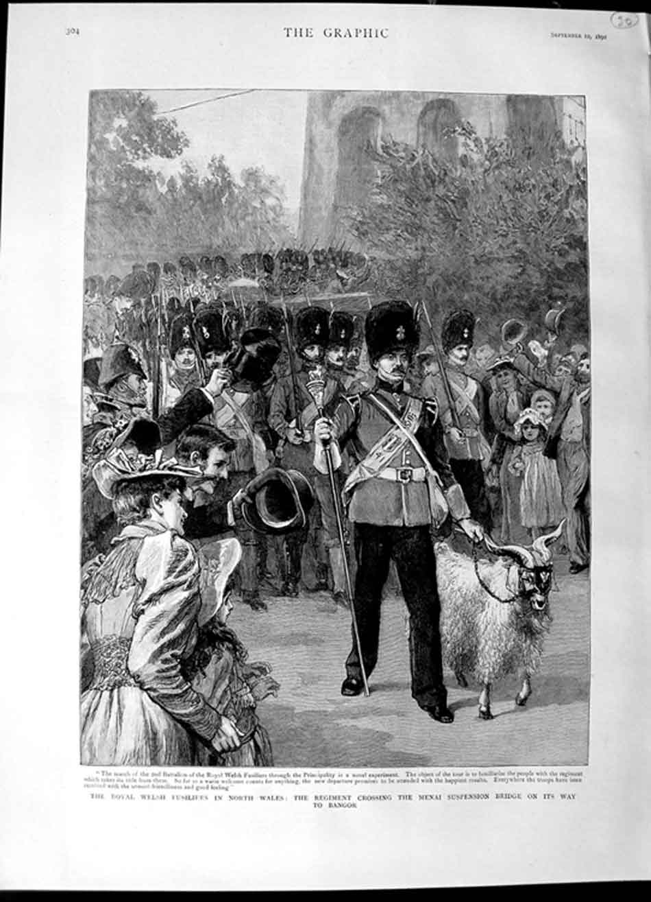 Old Antique Print 1892 Royal Fusiliers Wales Menai Suspension Bridge War 19th
