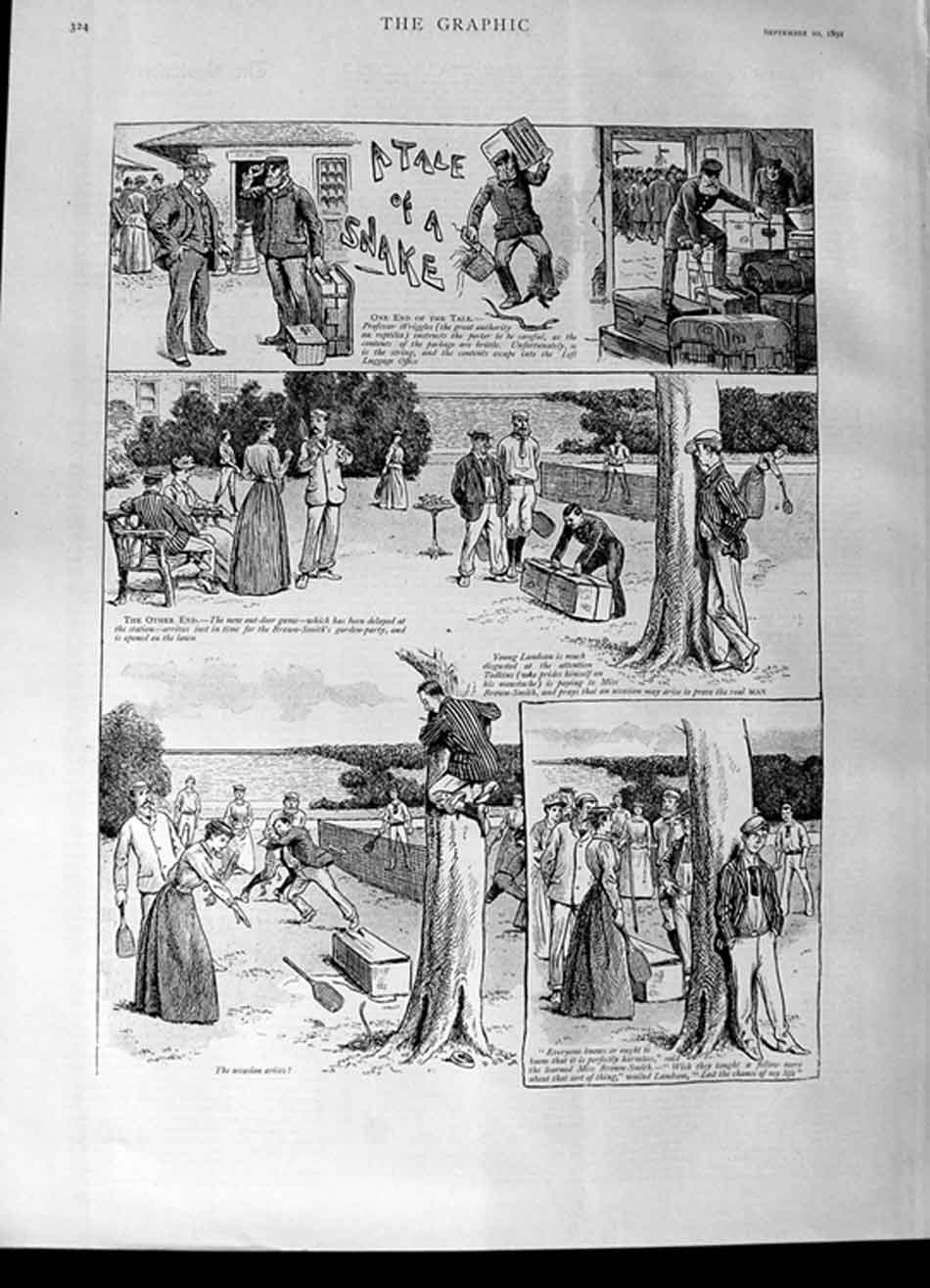 Original Old Antique Print 1892 Illustration Story A Tale A Snake Comedy Scene