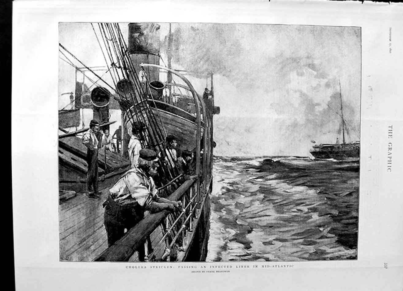 Old Antique Print 1892 Cholera Passing Infected Liner Ship Mid-Atlantic 19th