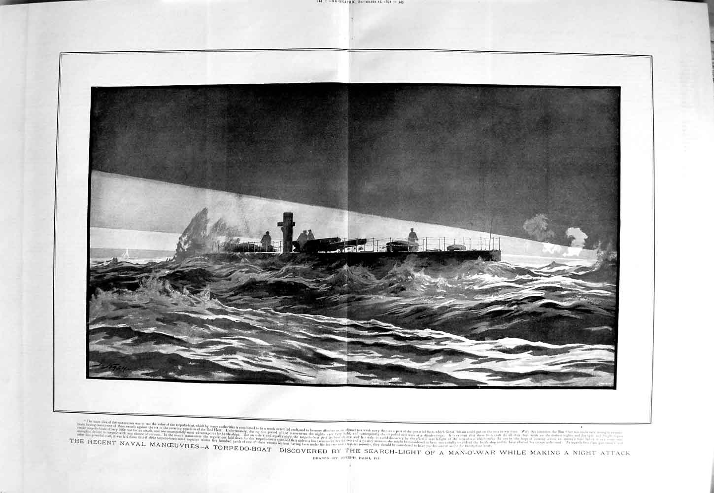 Original Old Antique Print 1892 Navy Manoeuvres Torpedo Boat Search-Light Ship