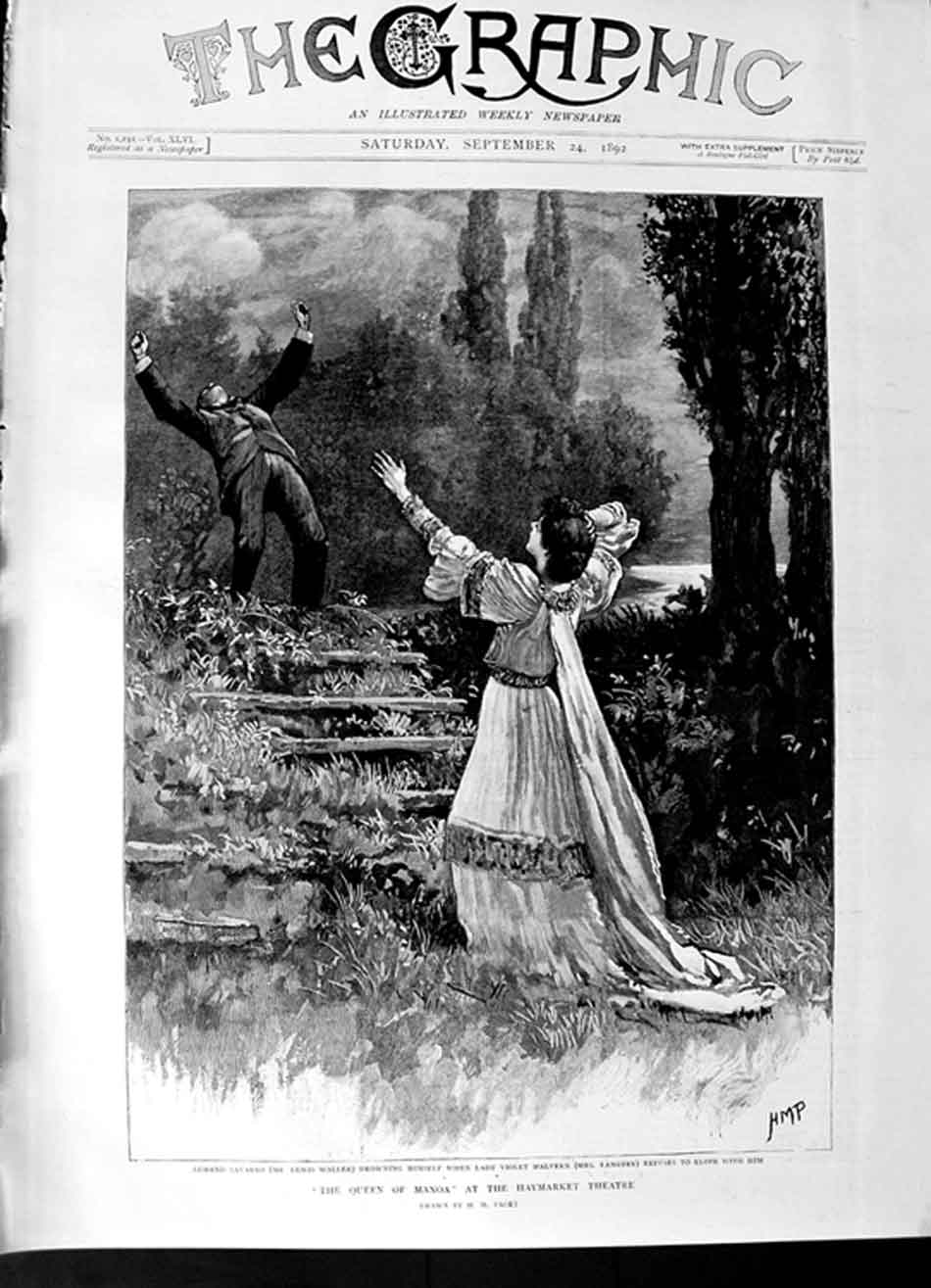 Original Old Antique Print 1892 Queen Manoa Haymarket Theatre Waller Langtry