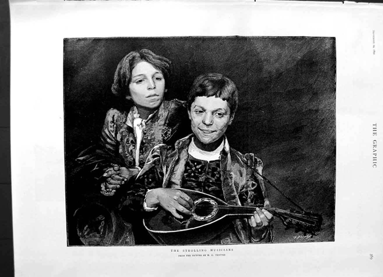 Original Old Antique Print 1892 Trotter Fine Art Strolling Musicians Music Boys