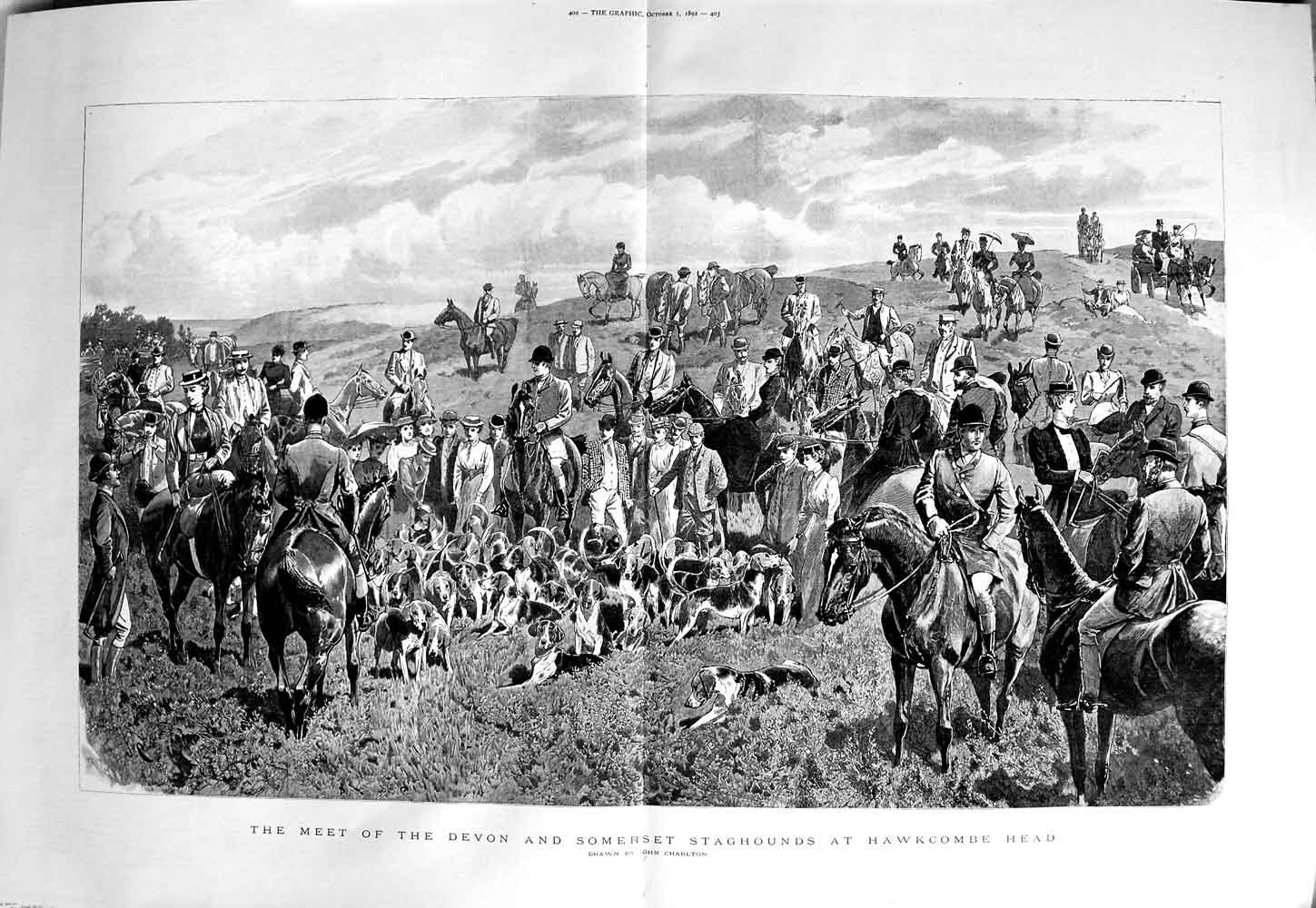 Old Antique Print 1892 Devon Somerset Staghounds Hawkcombe Head Hunting 19th