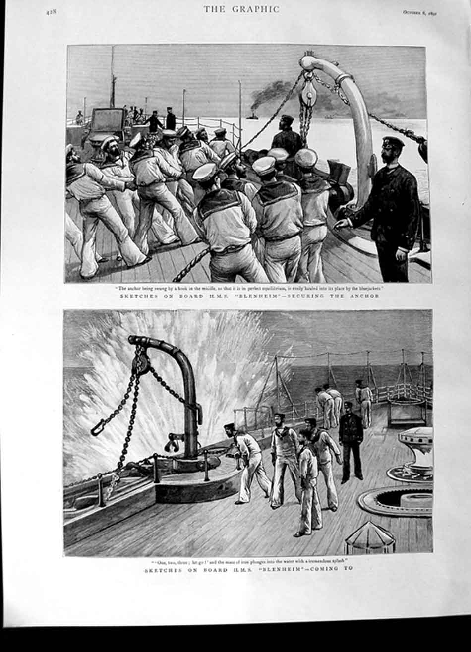 Original Old Antique Print 1892 Ship H.M.S Blenheim Anchor War Sailors Navy