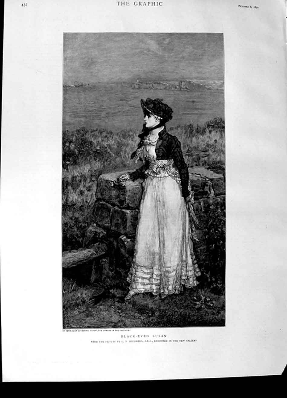 Original Old Antique Print 1892 Boughton Fine Art Black-Eyed Susan Lady Woman
