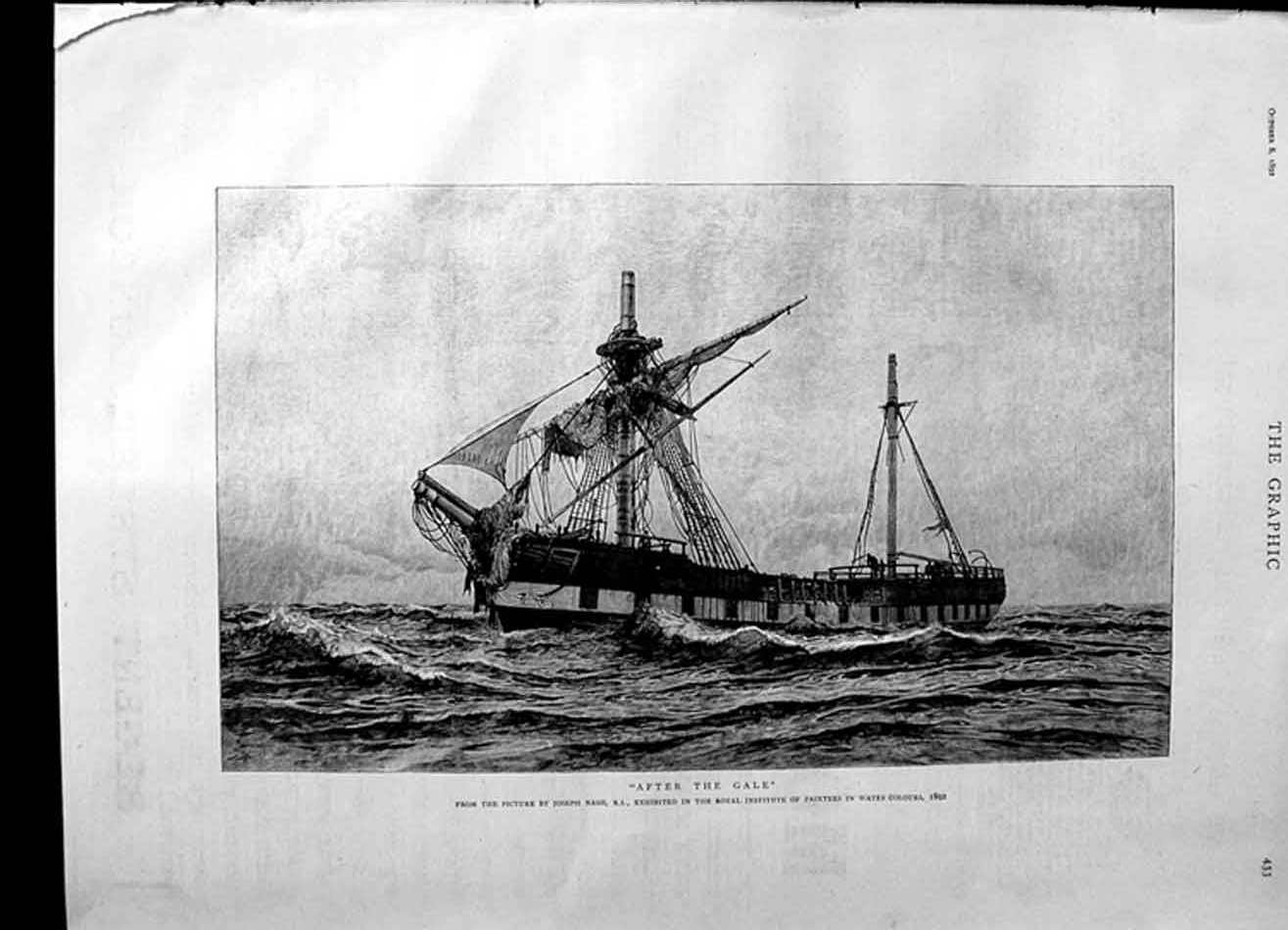 Original Old Antique Print 1892 Joseph Nash Fine Art Sea Sailing War Ship 19th