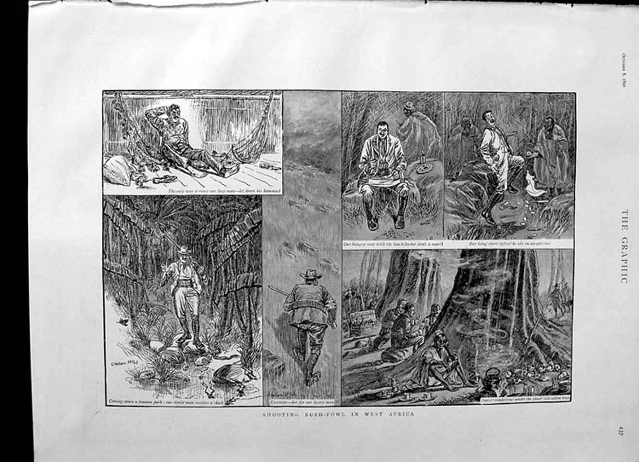 Original Old Antique Print 1892 Shooting Bush Fowl Africa Hunting Victorian