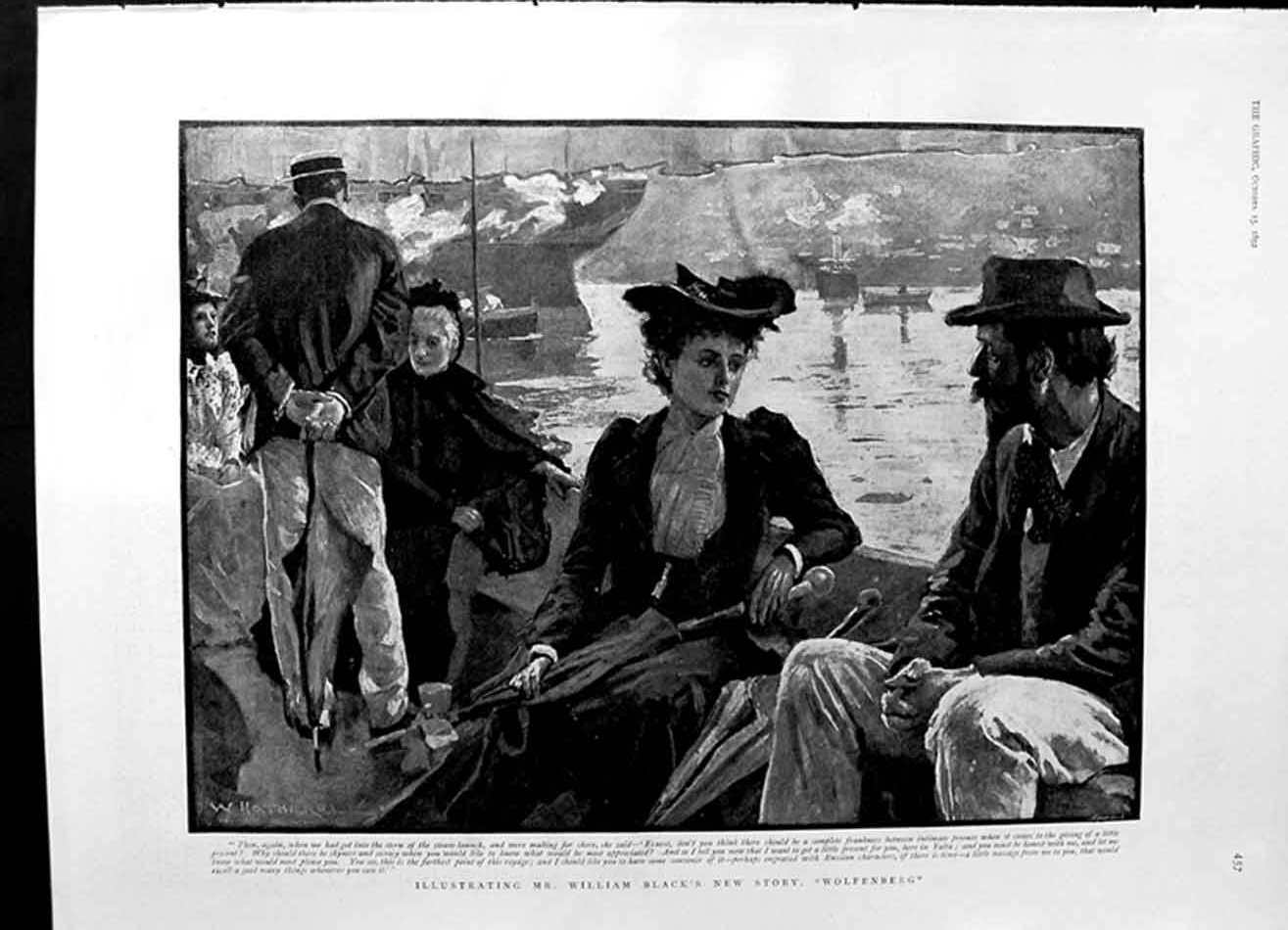 Original Old Antique Print 1892 Mr. William Black New Story Wolfenberg Romance