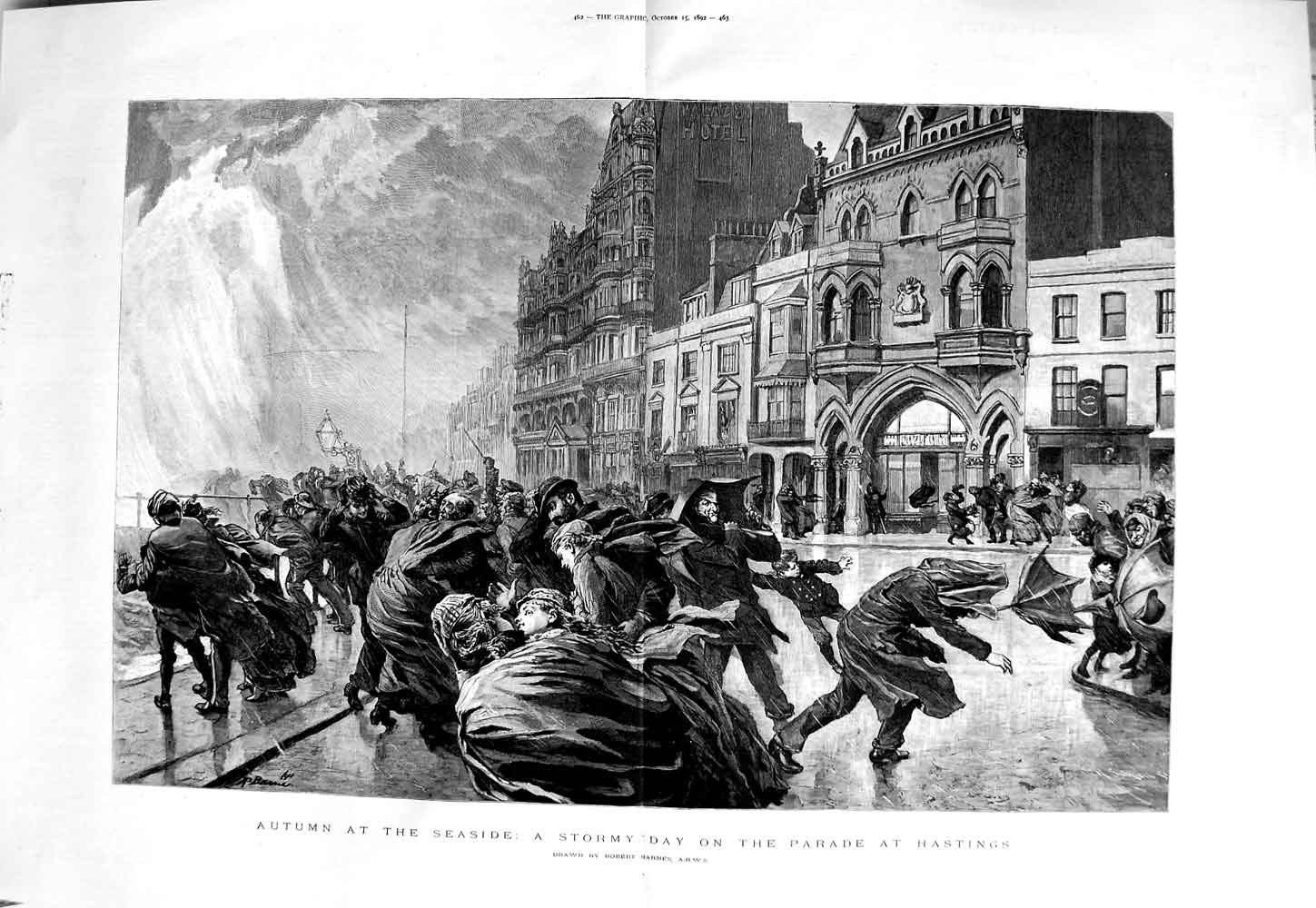 Old Antique Print 1892 Stormy Day Parade Hastings Seaside Autumn Scene 19th