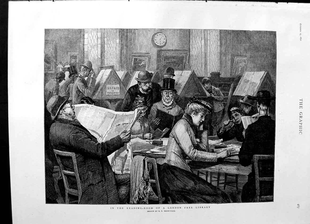 Original Old Antique Print 1892 Scene Reading-Room London Free Library Books