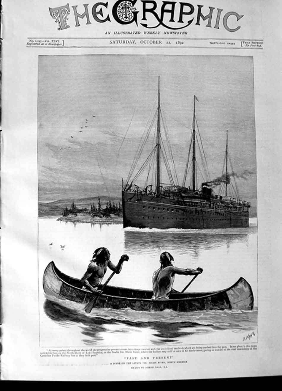 Original Old Antique Print 1892 Scene Saulte Ste. Marie River Lake America Ship