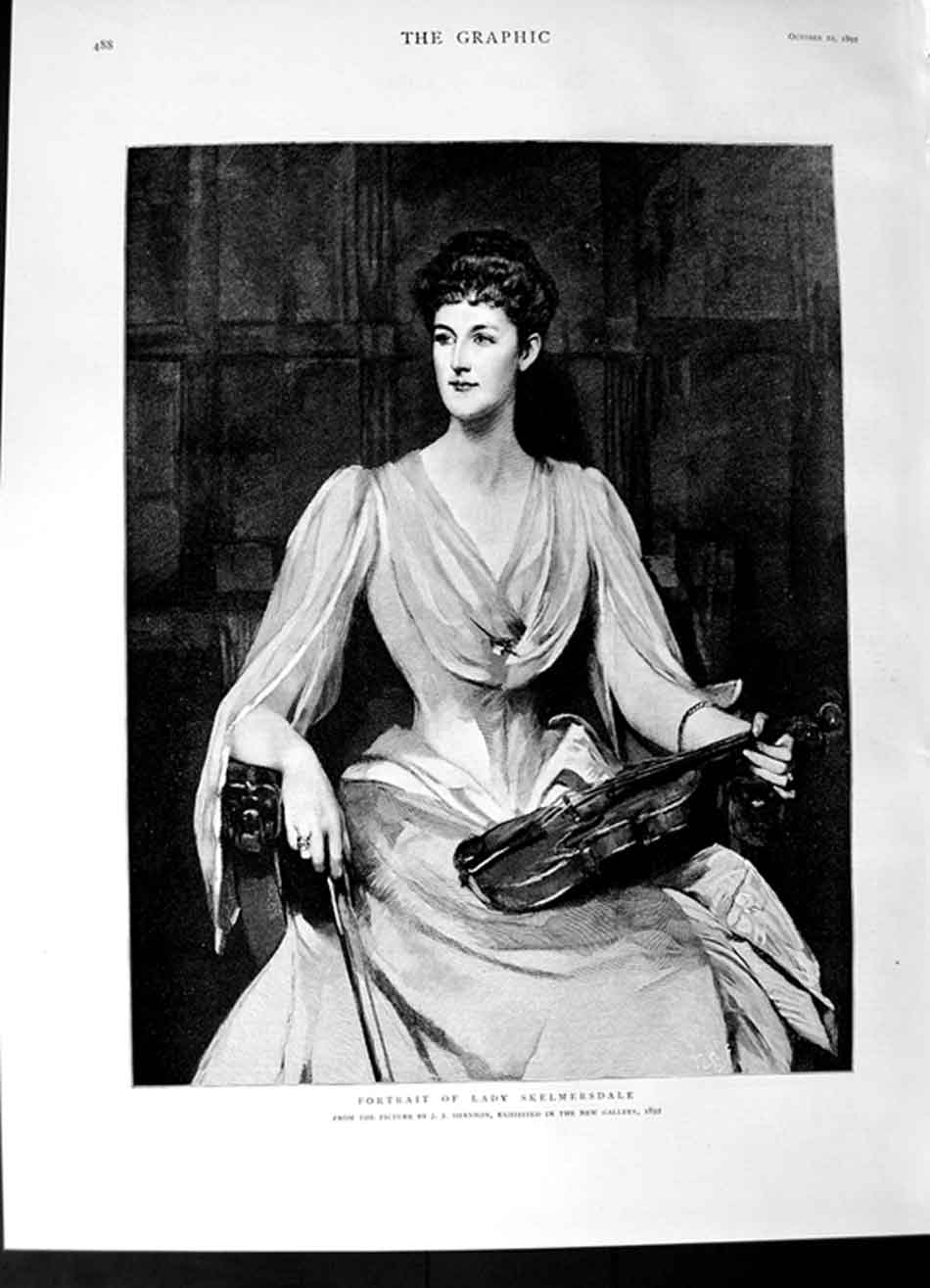 Original Old Antique Print 1892 Portrait Lady Skelmersdale Lady Violin 19th