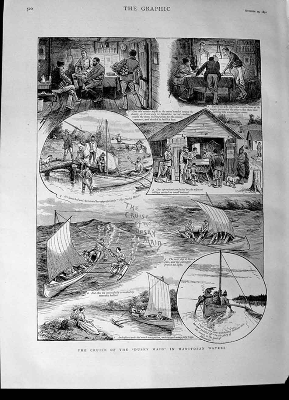 Original Old Antique Print 1892 Cruise Dusky Maid Manitoban Waters Yacht 19th