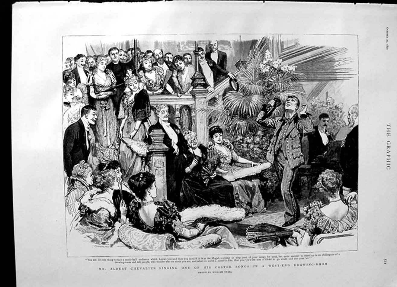 Old Antique Print 1892 Albert Chevalier Singing Coster Songs Drawing-Room 19th