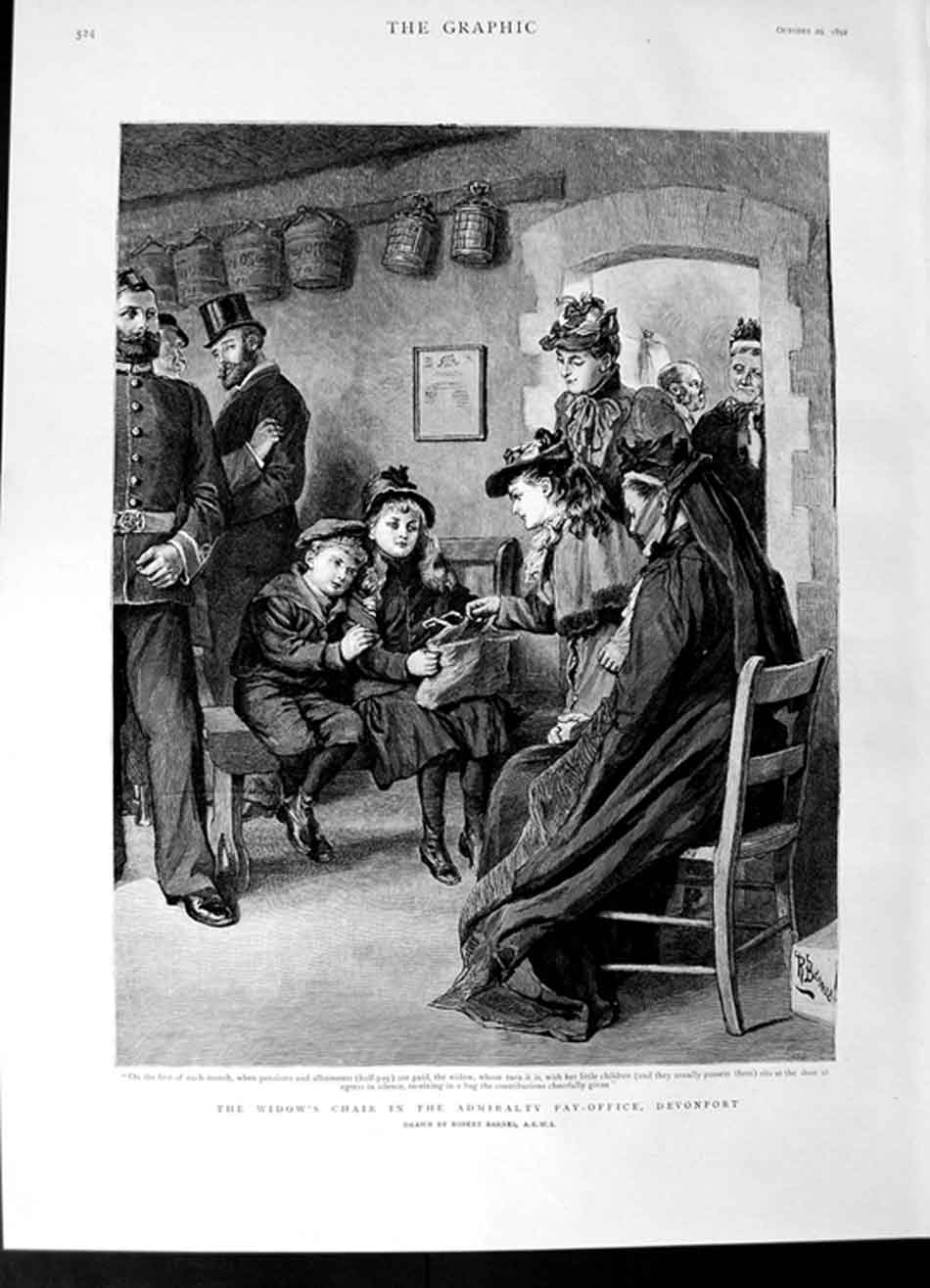 Original Old Antique Print 1892 Widow'S Chair Admiralty Pay-Office Devonport