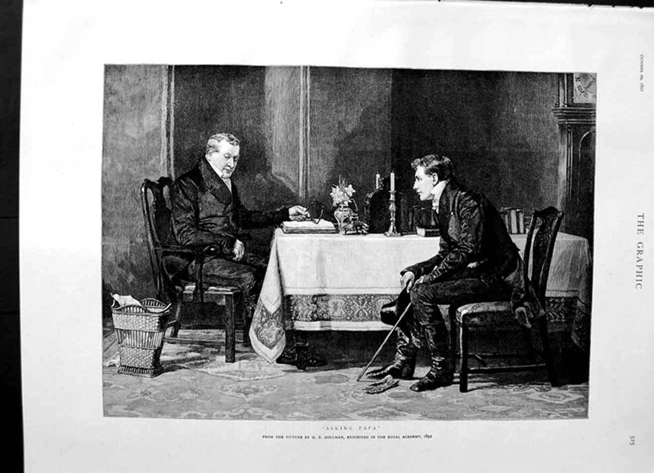 Original Old Antique Print 1892 Dollman Fine Art Men Table Book House Victorian