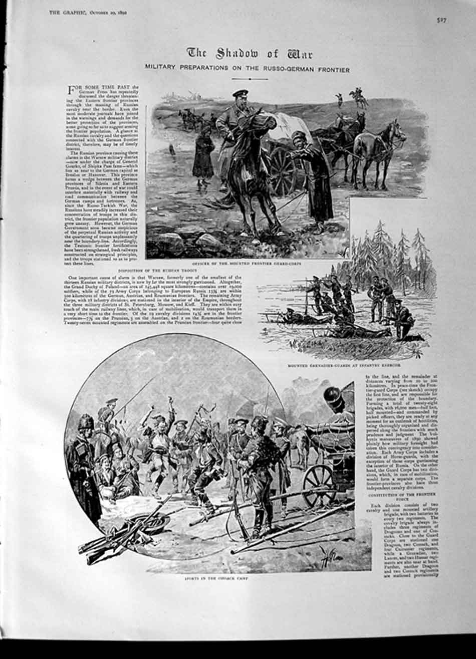 Original Old Antique Print 1892 War Russo-German Frontier Cossack Map Hetman