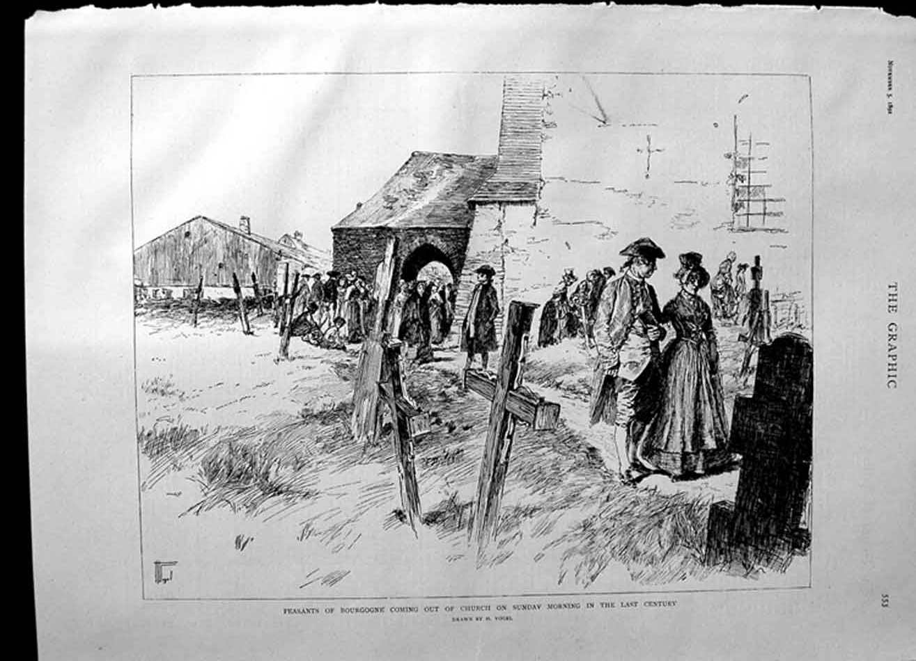 Original Old Antique Print 1892 Peasants Bourgogne Church Sunday Service Graves