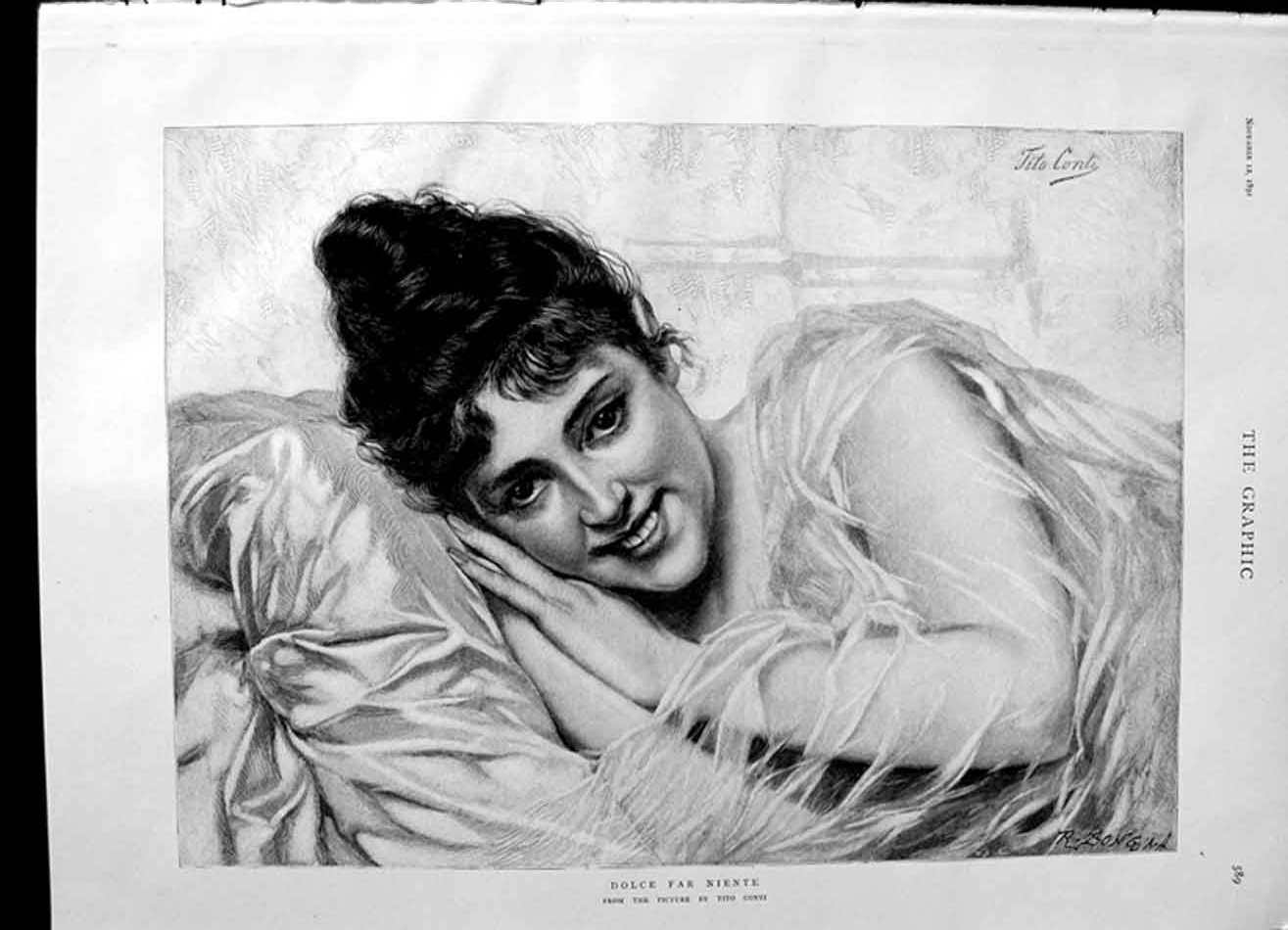 Original Old Antique Print 1892 Portrait Dolce Far Niente Tito Conti Victorian