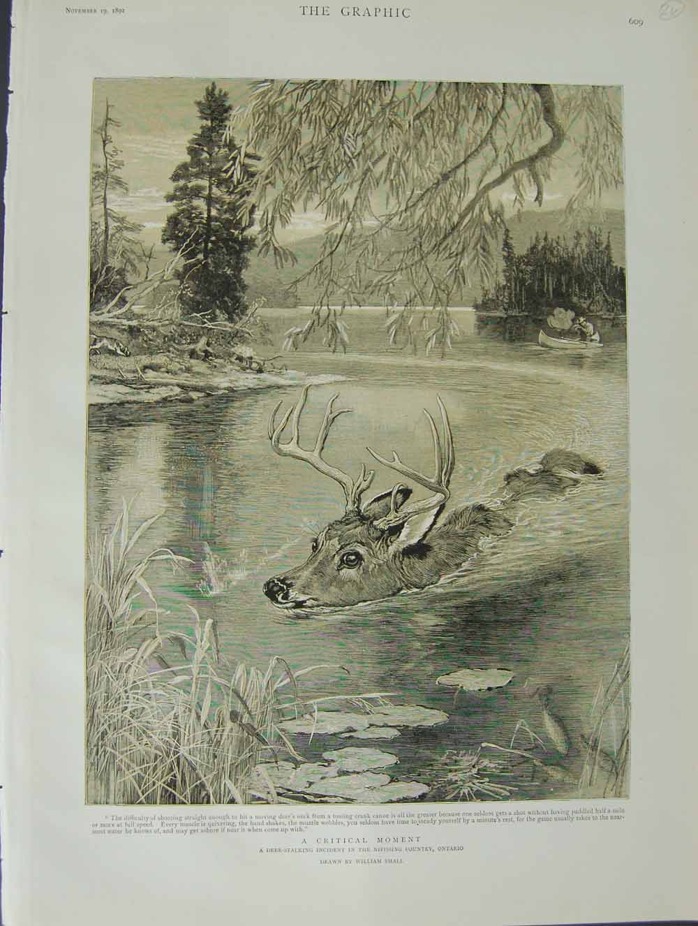Original Old Antique Print 1892 Deer Stalking Nipissing Country Ontario Canada