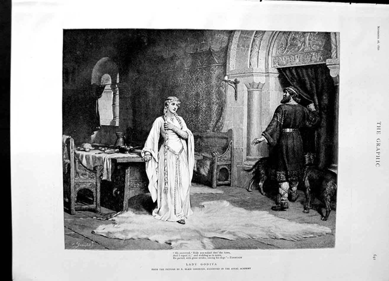 Original Old Antique Print 1892 Blair Leighton Fine Art Lady Godiva Man Dogs